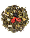 green tea blend with pieces of red berries, dried leaves and herbs