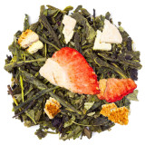 Mengsel van groene thee basilicumbladeren stukjes aardbei en citrusschillen