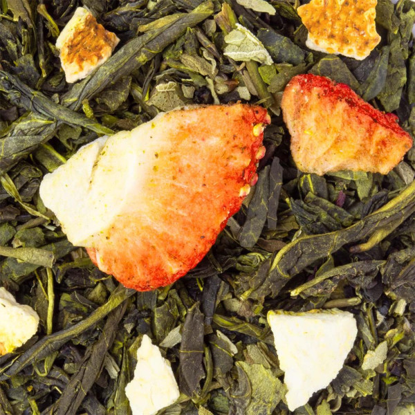 blend of green tea basil leaves strawberry pieces and dried citrus