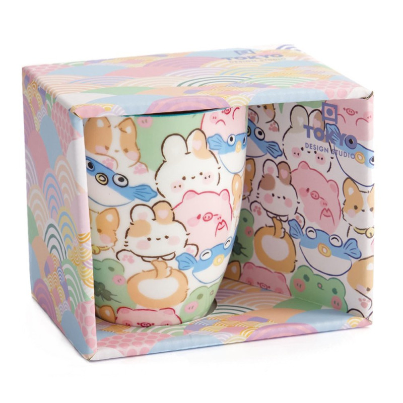 Mug Kawaii Animals avec motifs animaux mignons colorés dans boîte décorative pastel