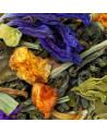 Mischung aus grünem Tee, getrockneten Blättern, violetten Blüten und Zitrusstückchen für eine belebende Infusion