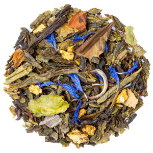 Mischung aus grünem Wuyi-Tee mit blauen Blüten, getrockneten Blättern und Zitrusfrüchten