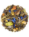 Mischung aus grünem Wuyi-Tee mit blauen Blüten, getrockneten Blättern und Zitrusfrüchten