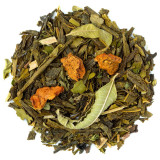 Mengsel van groene thee met vijgencactusstukjes en gedroogde bladeren