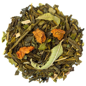 Mengsel van groene thee met vijgencactusstukjes en gedroogde bladeren