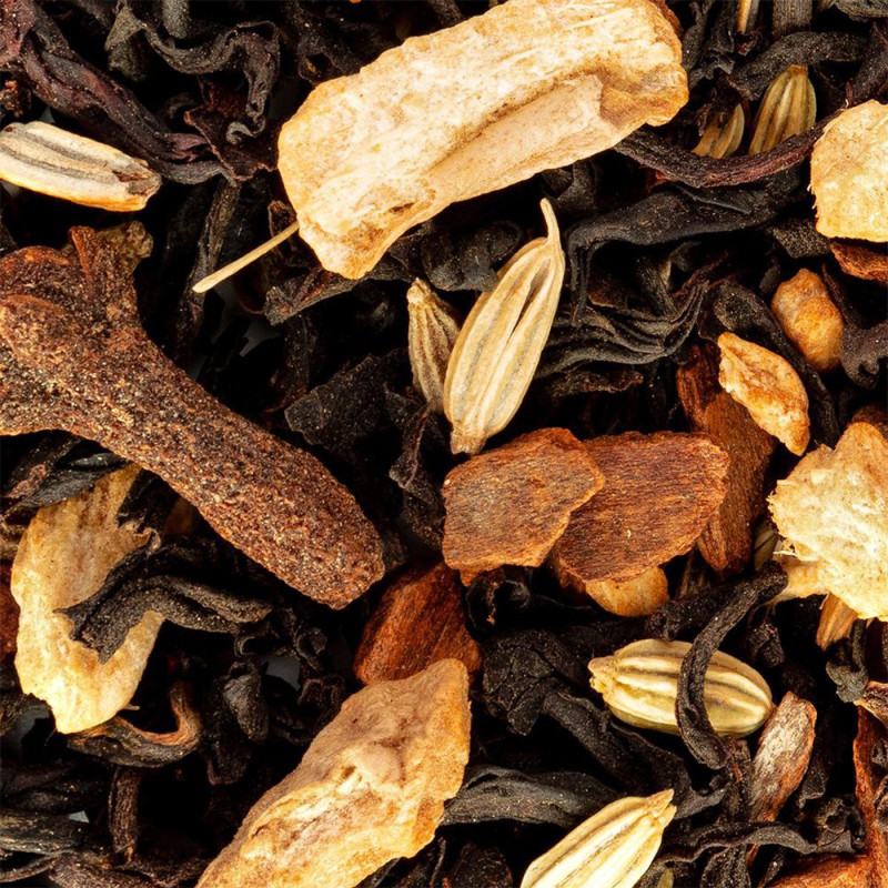 blend of chai black tea with spices clove cinnamon star anise and ginger pieces