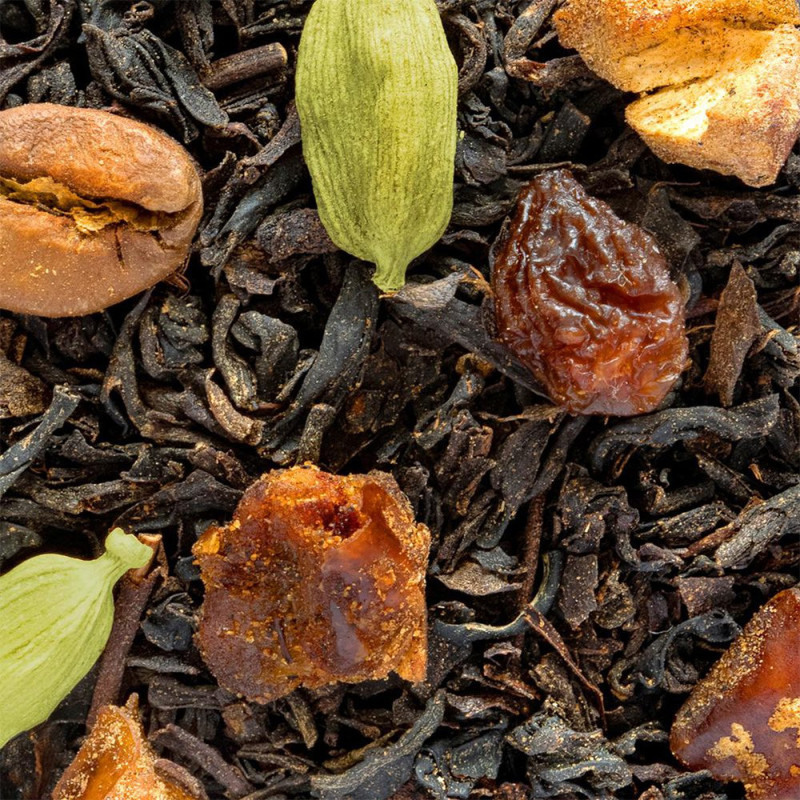 black tea mocha with coffee beans cardamom raisins and spice pieces