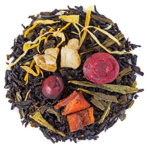 Mischung aus schwarzem Tee mit getrockneten Fruchtstücken und gelben Blütenblättern für aromatische Aufgüsse