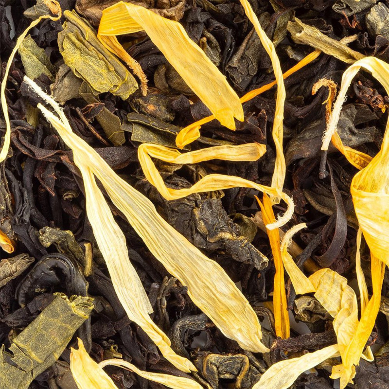 miscela di foglie di tè nero e petali gialli del tè nero temple du bouddha