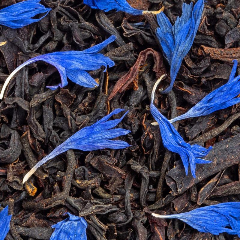 black tea leaves and cornflower petals from Blue Earl Grey tea by Thés et Traditions