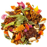 melange van biologische kruidenthee met bladeren gedroogd fruit en kleurrijke blaadjes Jardin des Mirages Thés et Traditions