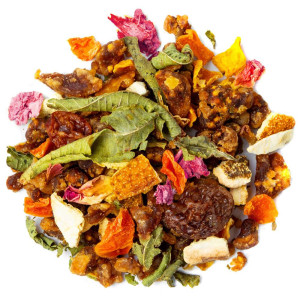 Mischung aus Bio-Kräutertee mit ganzen Blättern, getrockneten Früchten und farbigen Blütenblättern Jardin des Mirages Thés & Tra