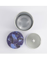 Offene Metalldose mit Washi-Motiv blaue und schwarze Fächer mit Metalldeckel innen