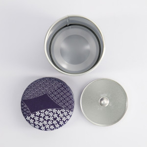 Round metal box with airtight inner lid and fabric lid blue and white Japanese pattern