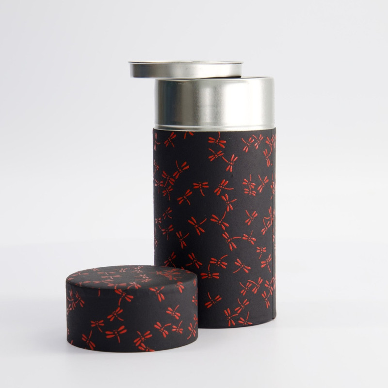 Boîte washi noire motifs libellules rouges avec couvercle métallique argenté ouvert
