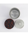 schwarze runde Washi-Box mit roten Libellenmotiven, Metalldeckel, glänzendes Metallinneres