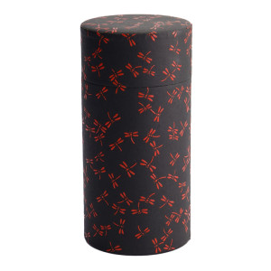 Schwarze zylindrische Washi-Box mit roten Libellenmotiven zum Aufbewahren von Tee oder Kräutertees