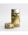 Metal box decorated with traditional Japanese pattern yellow black and gold for tea