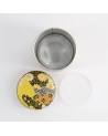 Runde Metalldose mit Deckel, verziert mit gelben, schwarzen und weißen japanischen Blütenmotiven, Innenseite leer