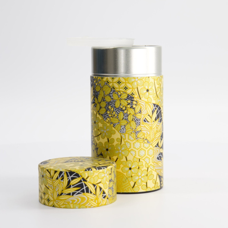 Scatola washi Kin no Han gialla motivi floreali e geometrici per tè con coperchio metallico argentato