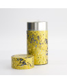 Gelbe Washi-Box Kin no Han mit floralen und geometrischen Mustern für Tee, silberner Metalldeckel