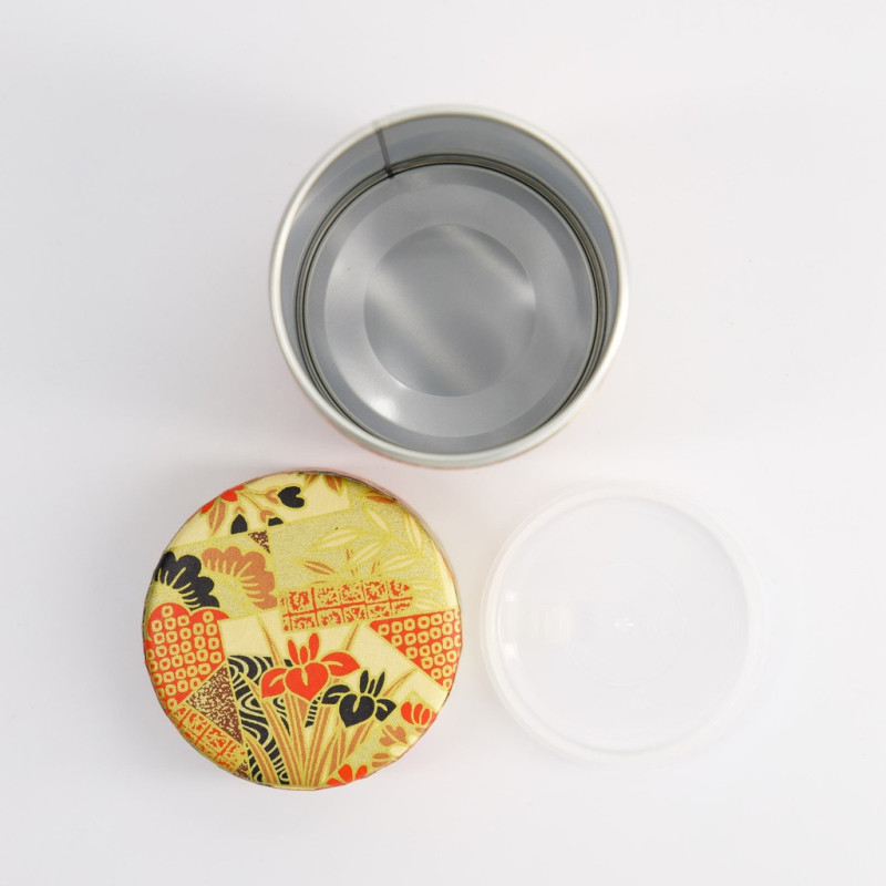 Scatola washi Hana-gawa rotonda con motivi floreali giapponesi colorati e interno metallico