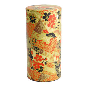 zylindrische Schachtel mit Washi-Motiven, florale und geometrische Muster in Rot, Schwarz und Gold