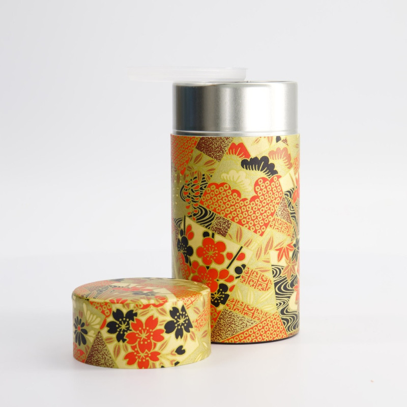 Scatola washi Hana-gawa motivi floreali giapponesi rossi neri e dorati con coperchio argentato
