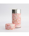 Metalen doos bekleed met washi papier met roze kersenbloesem sakura patroon geopend