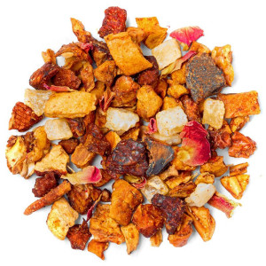 Mischung aus getrockneten Früchten, Kiwistücken, Apfel, Erdbeere und Blütenblättern für Kräutertee