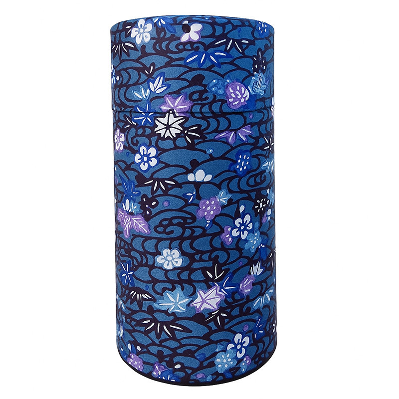 Zylindrische Washi-Box Kaiyo in Dunkelblau mit japanischen Blüten- und Wellenmotiven