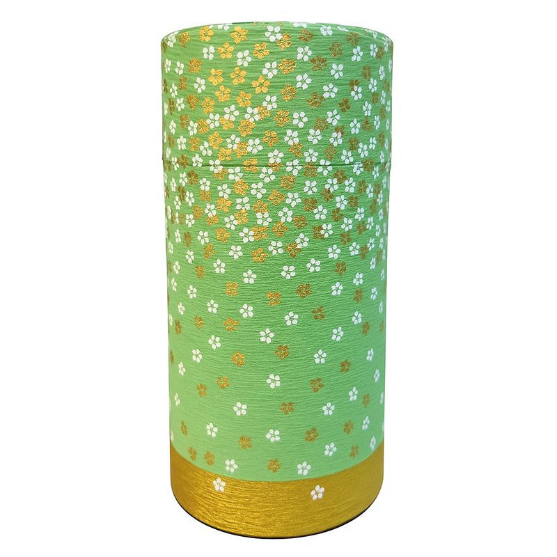 Grüne Washi-Box mit weißen und goldenen Sakura-Blütenmotiven und goldenem Sockel