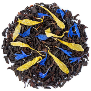 Schwarztee Russian Earl Grey mit blauen und gelben Blütenblättern von Thés & Traditions