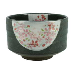 Matcha kom in zwart keramiek Japanse kersenbloesem bloemmotief roze en groen