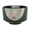 Matcha kom in zwart keramiek Japanse kersenbloesem bloemmotief roze en groen