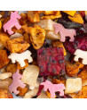 blend of dried fruits hibiscus apple pieces and pink and white unicorn decorations