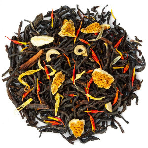 Red Velvet zwarte thee mengsel met citrusschillen en kleurrijke bloemblaadjes