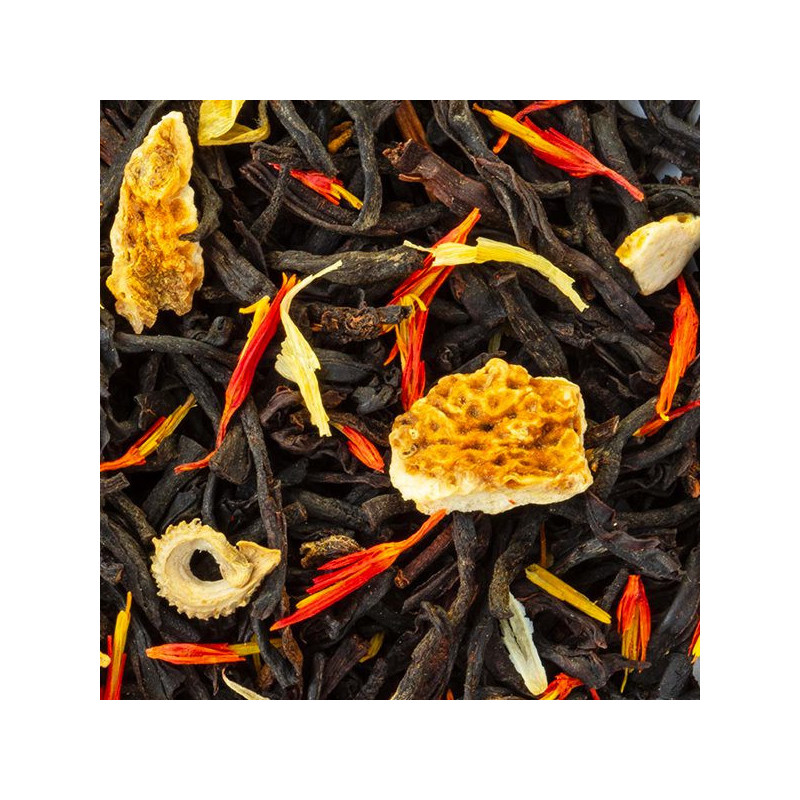 Red Velvet black tea with citrus pieces and red and yellow petals
