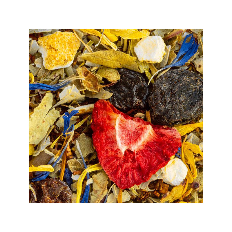 Mischung aus Rooibos mit getrockneten Erdbeerstücken, Blüten und Trockenfrüchten zum Aufgießen