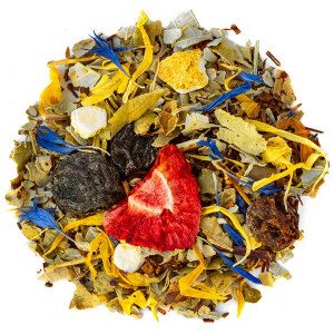 Mischung aus Rooibos mit Erdbeerstücken, Trockenfrüchten, gelben und blauen Blütenblättern