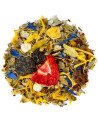 Mischung aus Rooibos mit Erdbeerstücken, Trockenfrüchten, gelben und blauen Blütenblättern