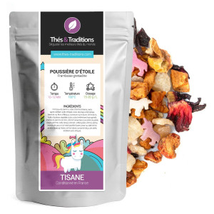 Poussière d'Étoile kruidenthee framboos granaatappel grijs zakje stukjes fruit en kleurrijke bloemen