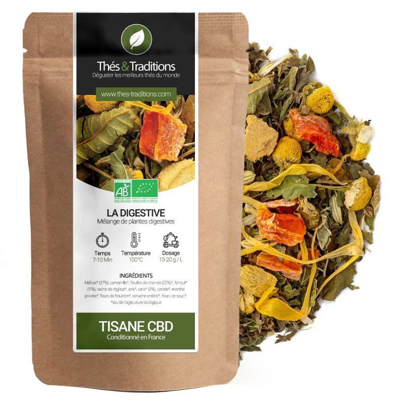 CBD Digestive Herbal Tea Thés et Traditions kraft bag and blend of organic dried plants