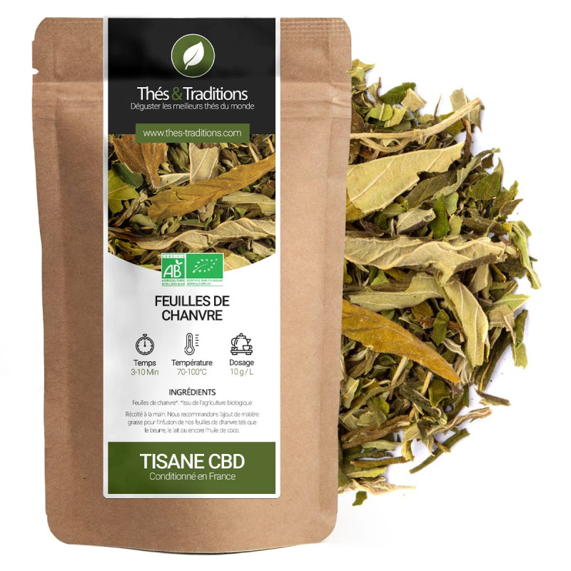 Feuilles de chanvre séchées pour tisane CBD conditionnées en sachet kraft bio