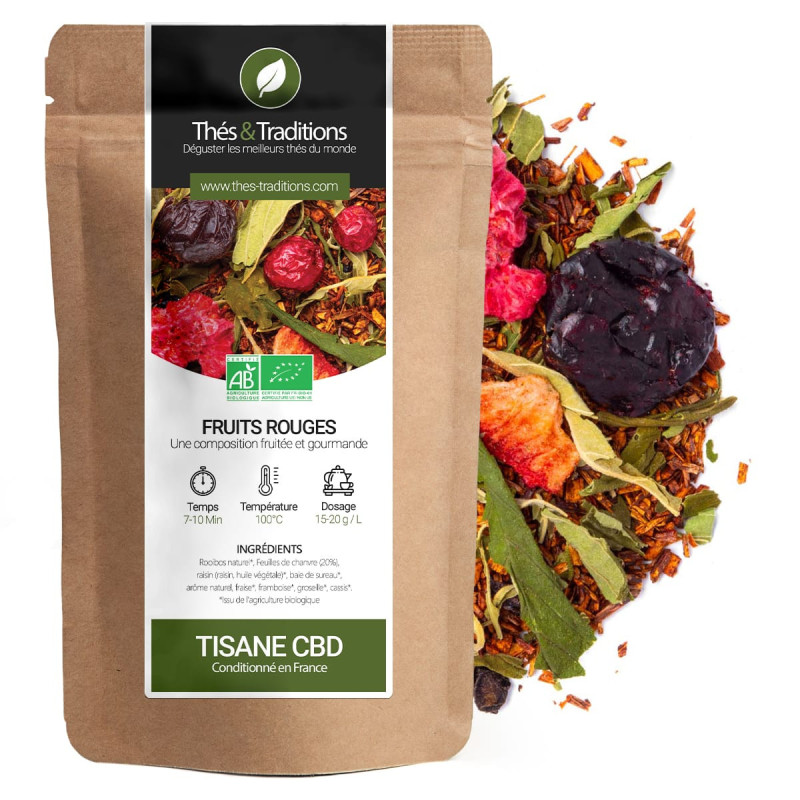 CBD rood fruit kruidenthee biologisch kraft zakje met mengsel van gedroogde rode en groene blaadjes en vruchten