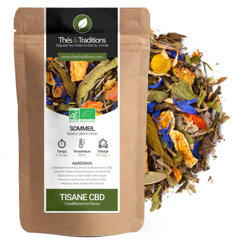 CBD Sleep Herbal Tea peach lemon flavor kraft bag and organic dried plants