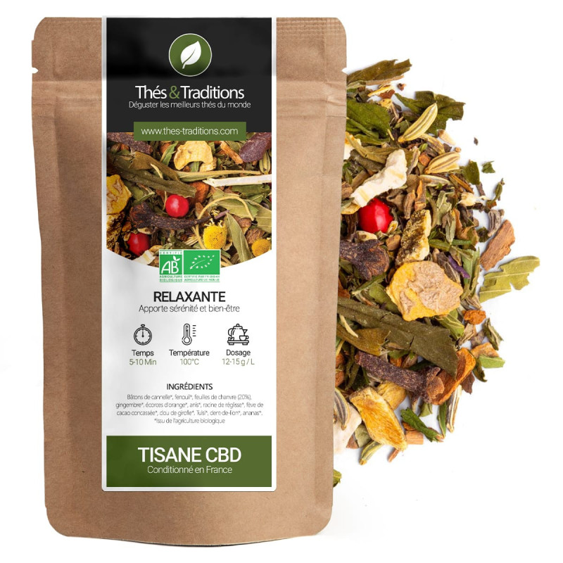 Tisane CBD La relaxante Thés et Traditions sachet kraft et mélange d herbes aromatiques bio