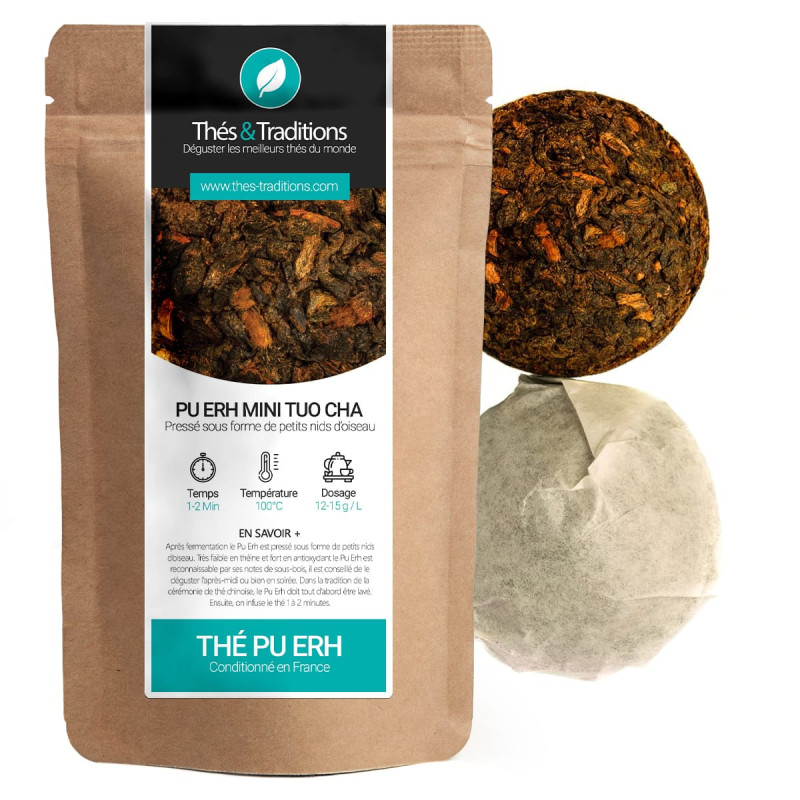 Pu Erh mini tuo cha thee geperst in vogelnest vorm papieren theezakje en kraft verpakking
