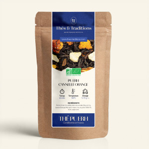 Wiederverschließbarer Kraftpapierbeutel mit Pu Erh Zimt Orange, dunkelblauem und goldenem Etikett von Thés & Traditions, Fenster