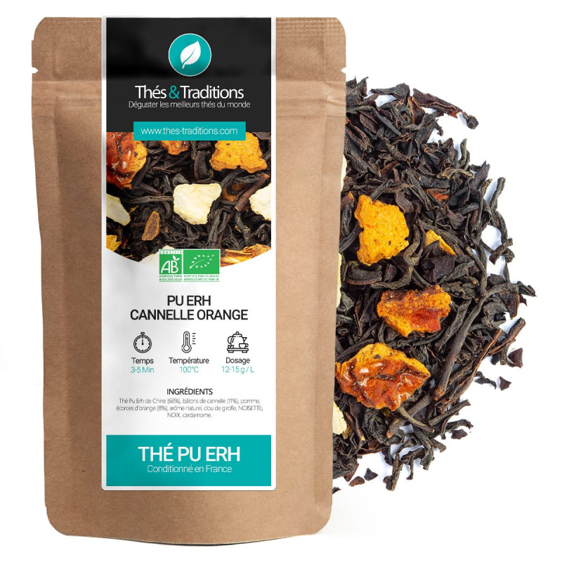 pu erh cinnamon orange tea black tea leaves pieces of orange peel and organic cinnamon